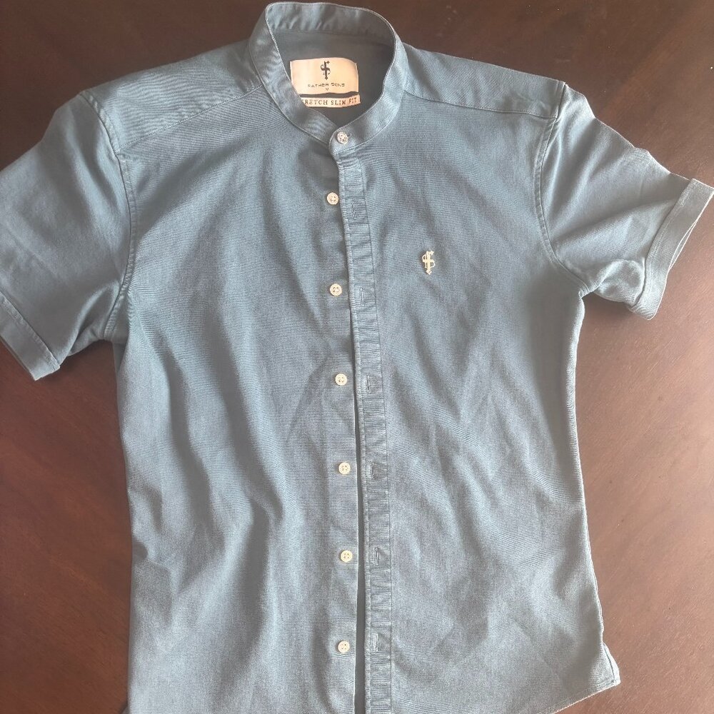 Blue Denim Stretch Athletic Cut Shirt - Father Sons